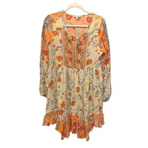 Patrons of Peace Floral Boho Mini Tiered Ruffle Dress Size M Cottagecore Hippie‎